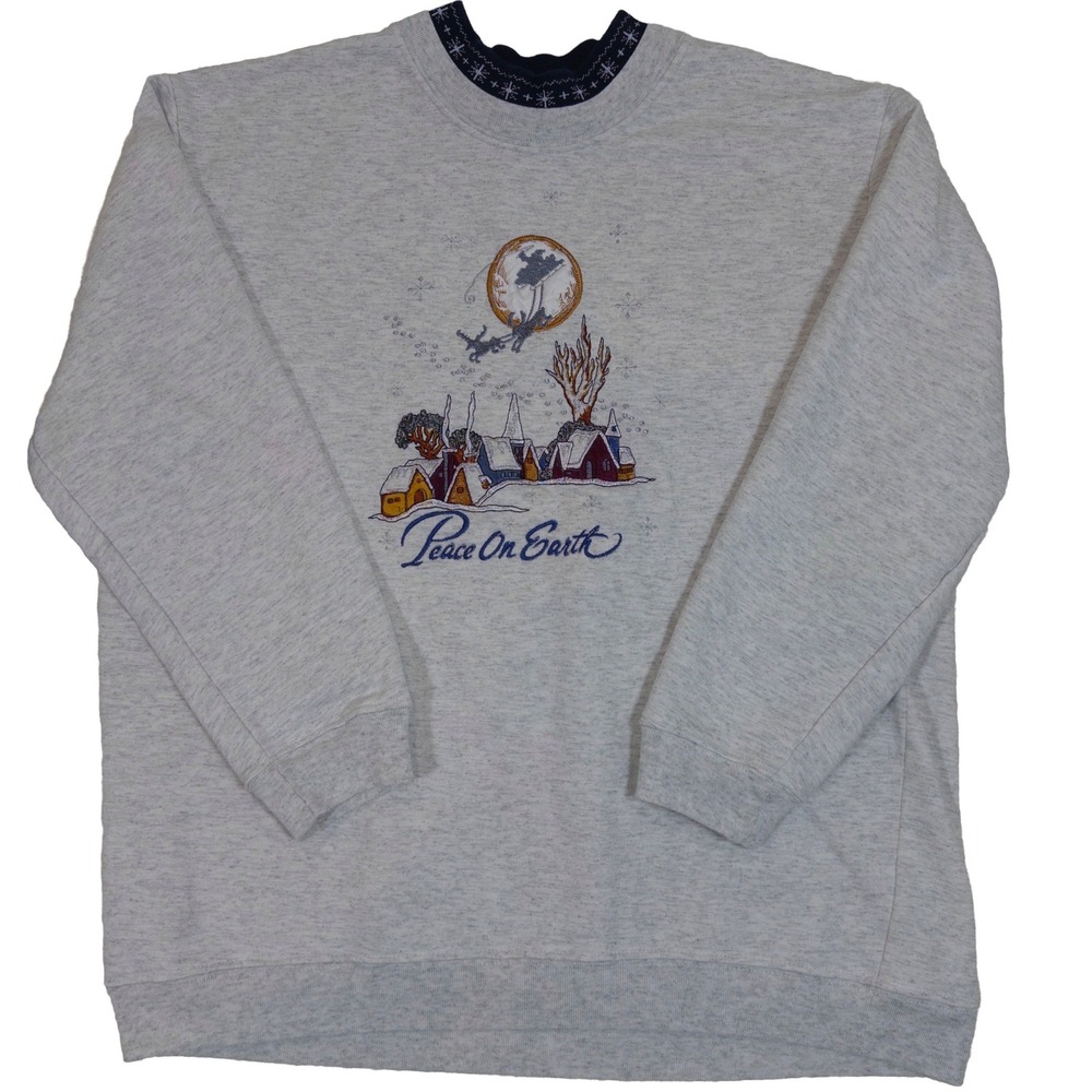 Vtg Embroidered Bobbie Brooks Sweatshirt Large Womens Peace On Earth Christmas